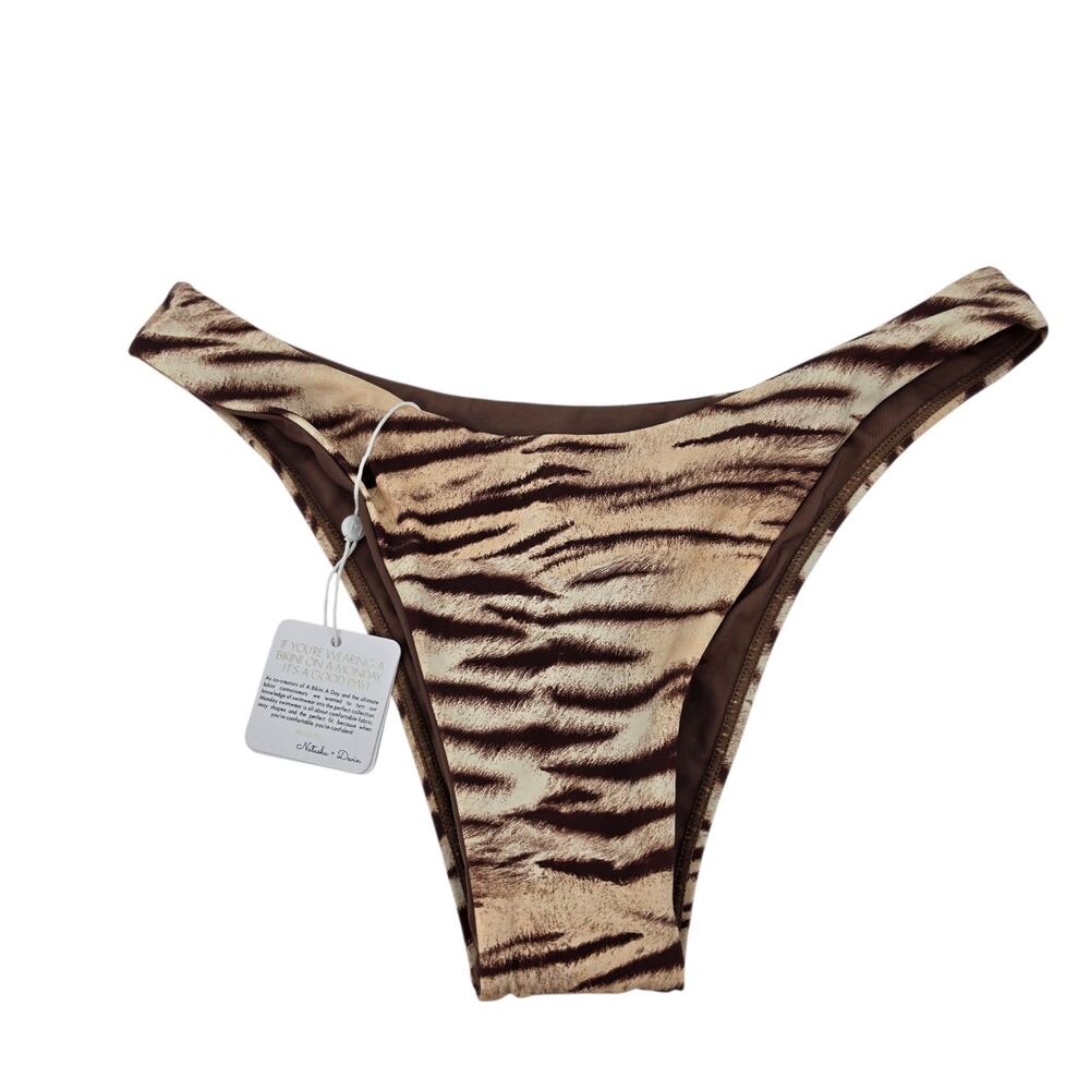 NWT Monday Swimwear Tan Tiger Print Byron High Cut Cheeky Bikini Bottom Size L